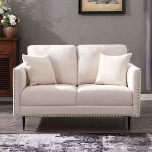 Classical Vintage Couch 53 in. Beige Velvet Upholstered Seats Loveseat with Nail Head Trim and Pillows