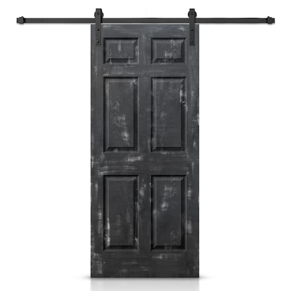 CALHOME 30 in. x 80 in. Vintage Black Stain Composite MDF 6 Panel Interior Sliding Barn Door with Hardware Kit