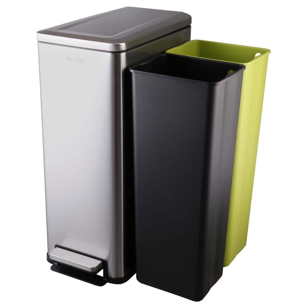 Slim Silver Stainless Steel Dual Compartment Recycling Bin