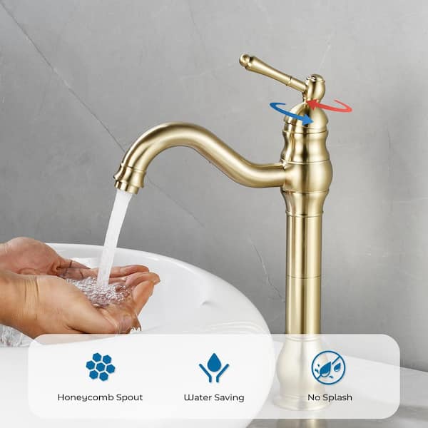 Single Hole Single Handle Waterfall Vessel Sink Faucet with Pop-up Drain in Brushed Gold