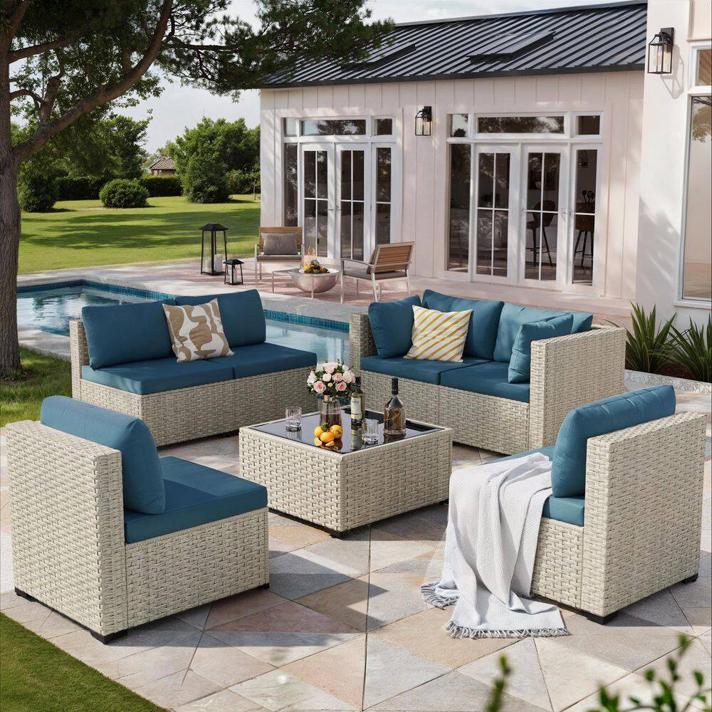 (7-Pieces) Gray Wicker Outdoor Patio Conversation Set with Peacock Blue Cushions price history on PriceWatchPro