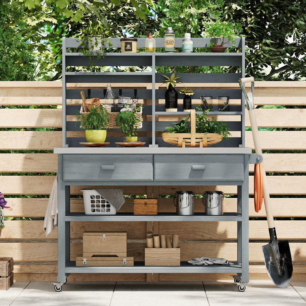 65 in. H Outdoor Potting Bench Table, Wood Kitchen Island with Stainless Steel Top, Upper Hutch & Storage, Gray price history on PriceWatchPro