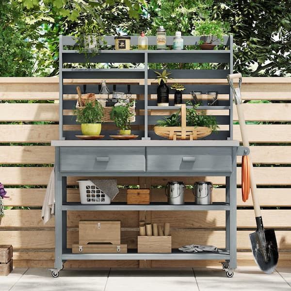 65 in. H Outdoor Potting Bench Table, Wood Kitchen Island with Stainless Steel Top, Upper Hutch & Storage, Gray