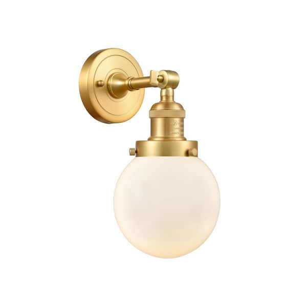 Innovations Beacon 1-Light Matte White, Satin Gold Wall Sconce with White Glass Shade