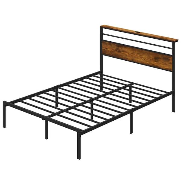 Black Queen Size Metal Platform Bed Frame with Charging Station Wood Headboard and Storage Shelf, No Box Spring Needed