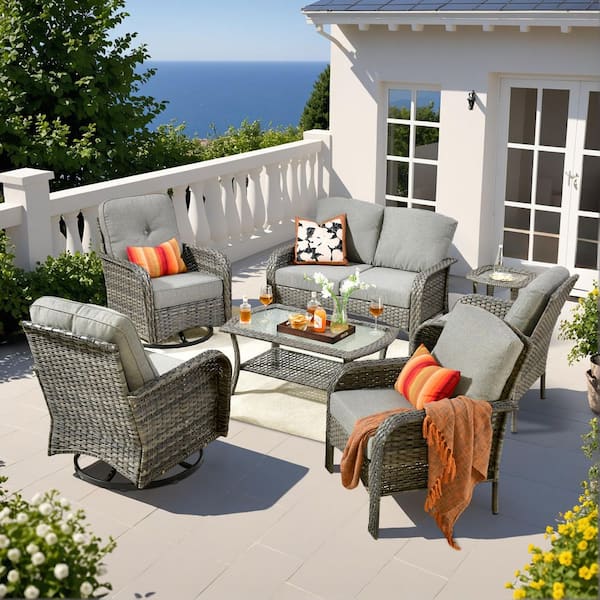 Noah Gray 7-Piece Wicker Outdoor Patio Conversation Comfortable Sofa Set with Swivel Chairs and Dark Grey Cushions