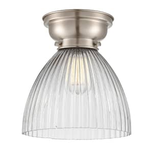 Seneca Falls 9.5 in. 1-Light Brushed Satin Nickel Flush Mount with Clear Halophane Glass Shade