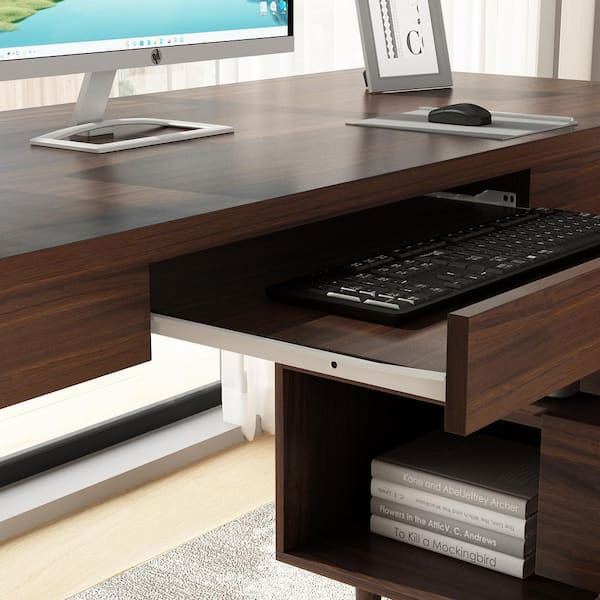 FUFU&GAGA 55.1 in. Width L-Shaped Brown Wooden 3-Drawer Commercial Desk, Computer Desk, Writing Desk with Shelves Storage