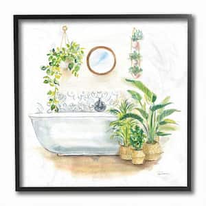 Serene Bathroom Interior with Plants Painting By Sue Schlabach Framed Print Nature Texturized Art 12 in. x 12 in.