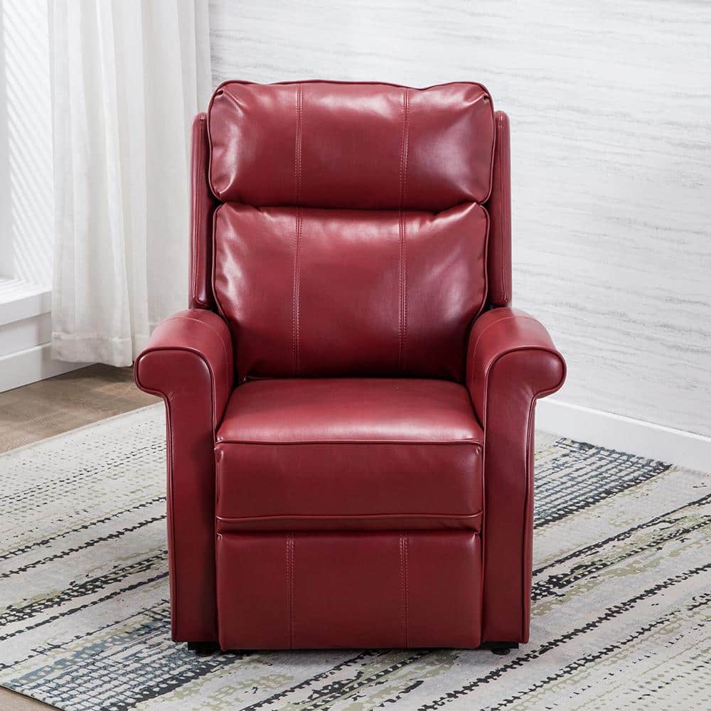 Transitional Red Leather Power Lift Recliner with Wooden Frame
