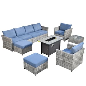 Eufaula Gray 10-Piece Wicker Modern Outdoor Patio Conversation Sofa Set with a Steel Fire Pit and Denim Blue Cushions