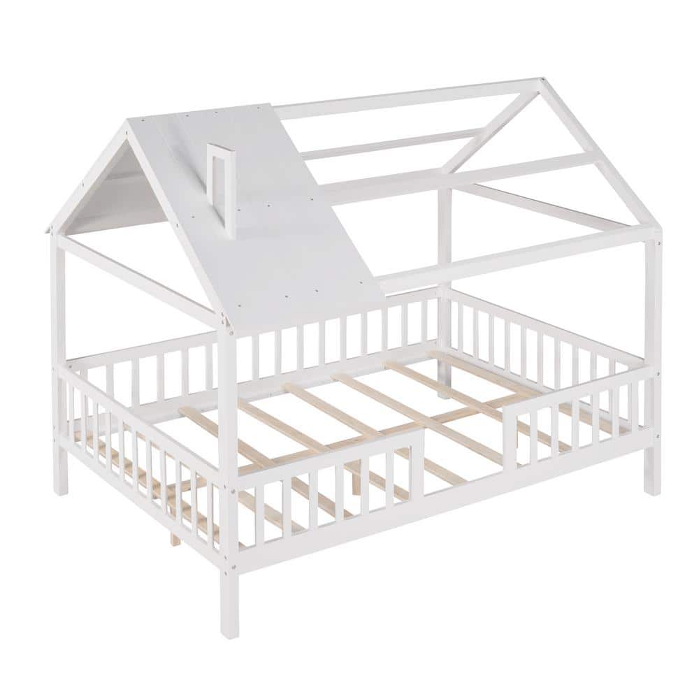 Angel Sar White Wood Full Size Platform Bed with Roof and Fence, Kids ...
