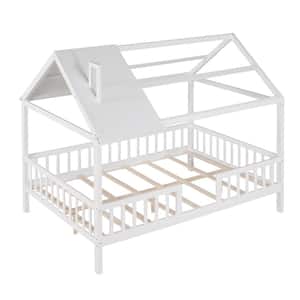 White Wood Full Size Platform Bed with Roof and Fence, Kids House Bed
