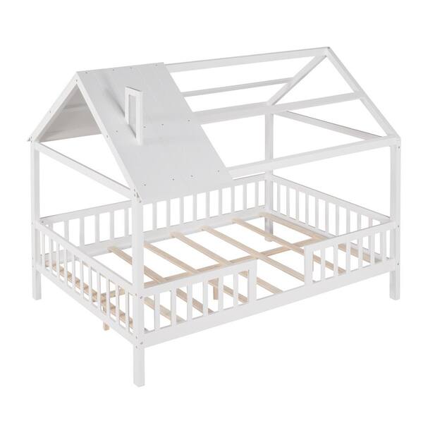 Angel Sar White Wood Full Size Platform Bed with Roof and Fence, Kids ...
