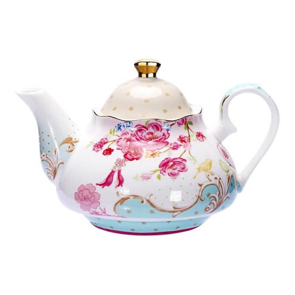 Bone China Floral Red Gold Teapot Vintage Design Ceramic Handle Hollow Out Edge 850 ml Gift Box Set
