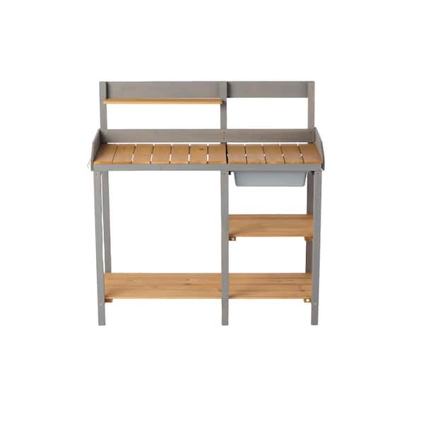 Zeus & Ruta 42 in. W x 43.5 in. H Brown Wooden Potting Table Bench with Shelve for Backyard, Garden, Balcony and Garage