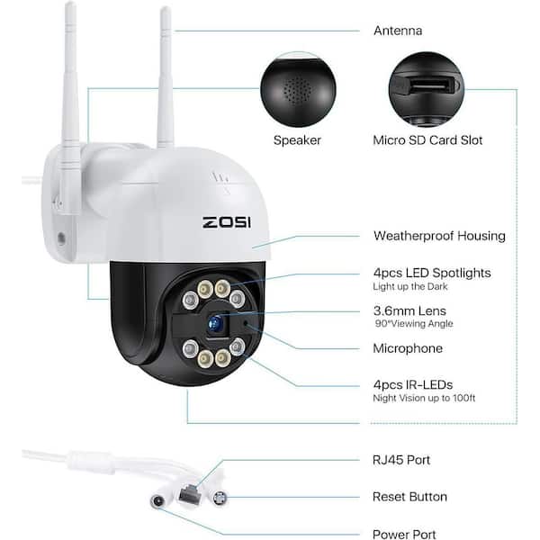 ZOSI 360-Degree PTZ 4MP 2.5K Wi-Fi Outdoor Wireless Home Security Camera, Ai Person Vehicle Detection, Color Night Vision, Black&White