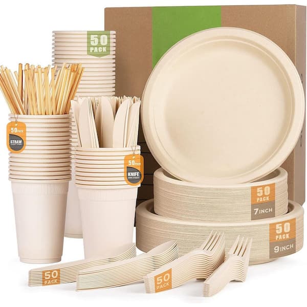 Adrinfly 350-Piece Compostable Dinnerware Set for 50 Guests, Eco-Friendly Plates, Cutlery, Cups, Straws
