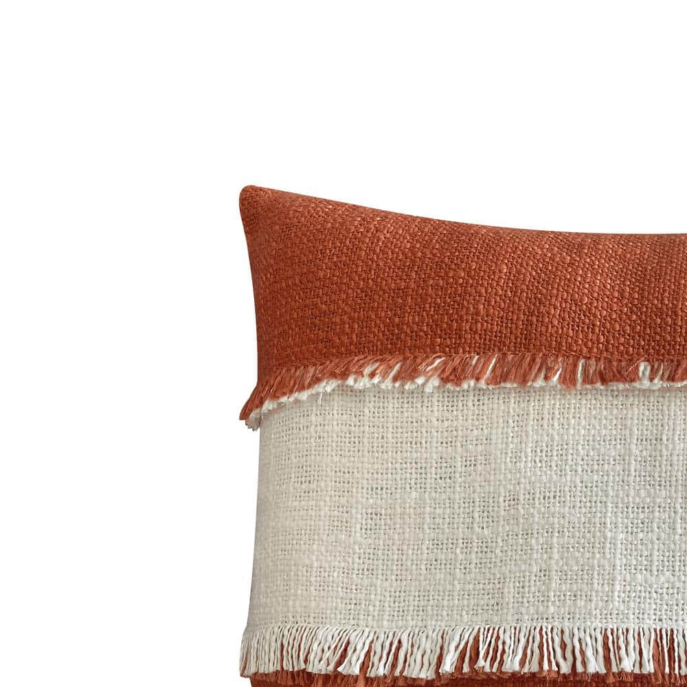 Terra Cotta and White Cotton Fringed Square Throw Pillow