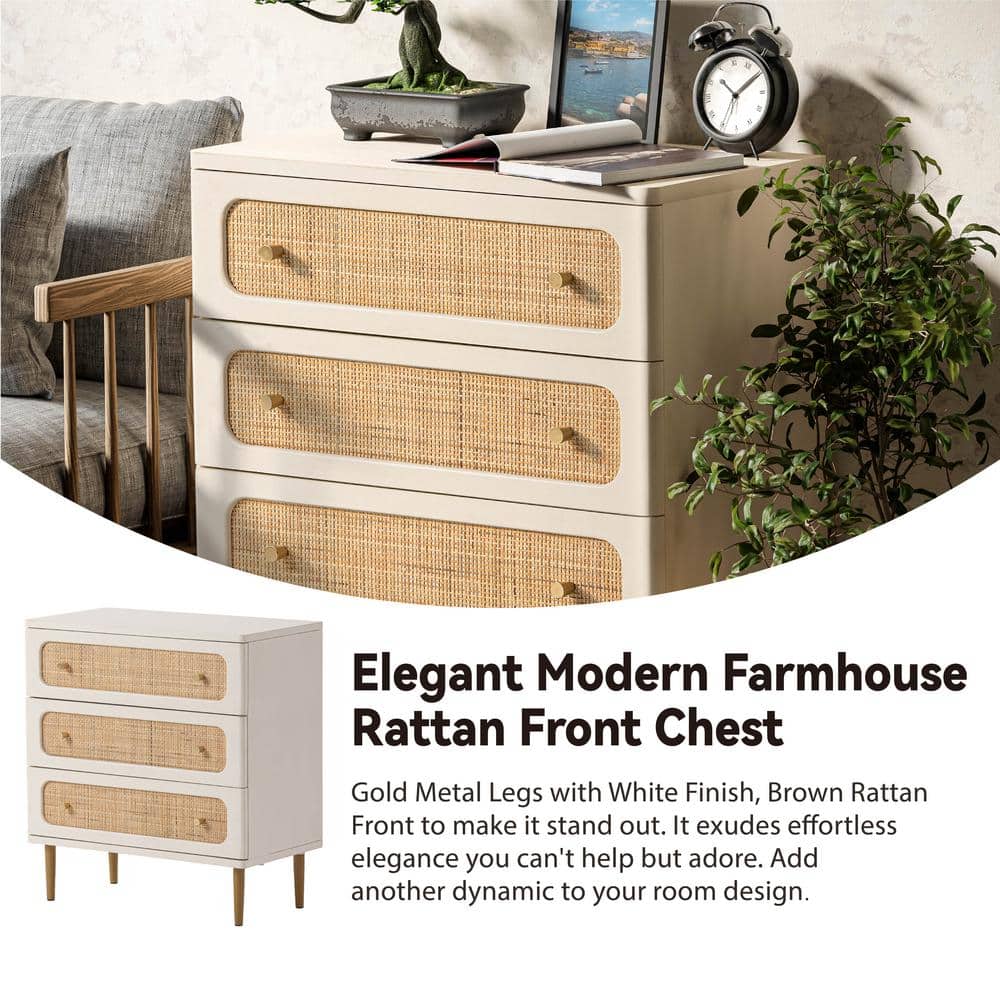 White and Natural Rattan 3-Drawer Mid-Century Modern Chest