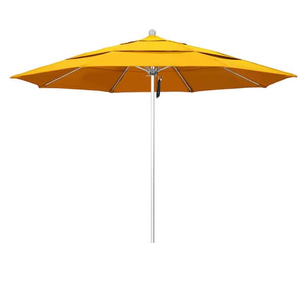 California Umbrella 11 ft. Silver Aluminum Commercial Market Patio Umbrella with Fiberglass Ribs Pulley Lift in Sunflower Yellow Sunbrella