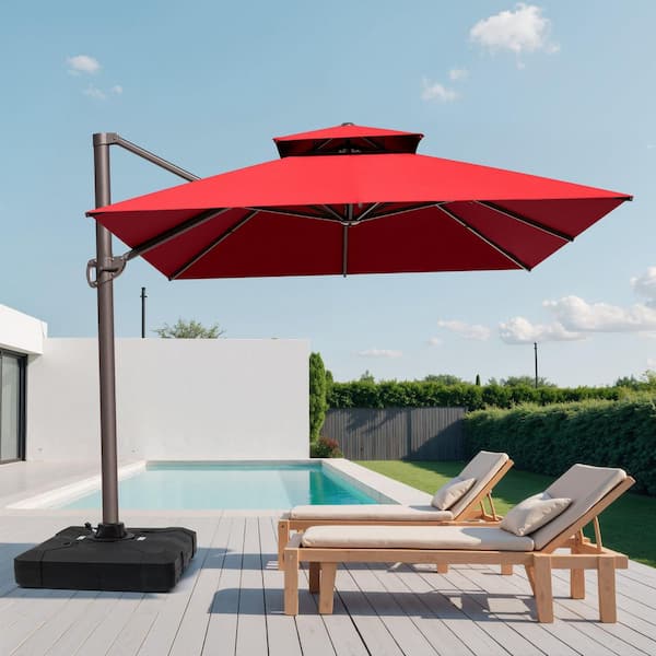 Crestlive Products 12.5 ft. x 10 ft. Double 360 ° Rotation Rectangular Cantilever Patio Umbrella in Red with 220 lbs. Base Stand