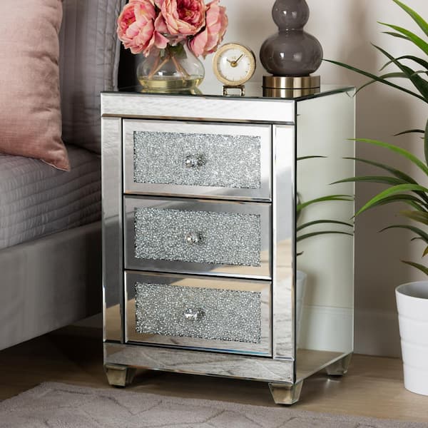 Baxton Studio Ralston 3 Drawer Mirrored and Sliver Nightstand 26