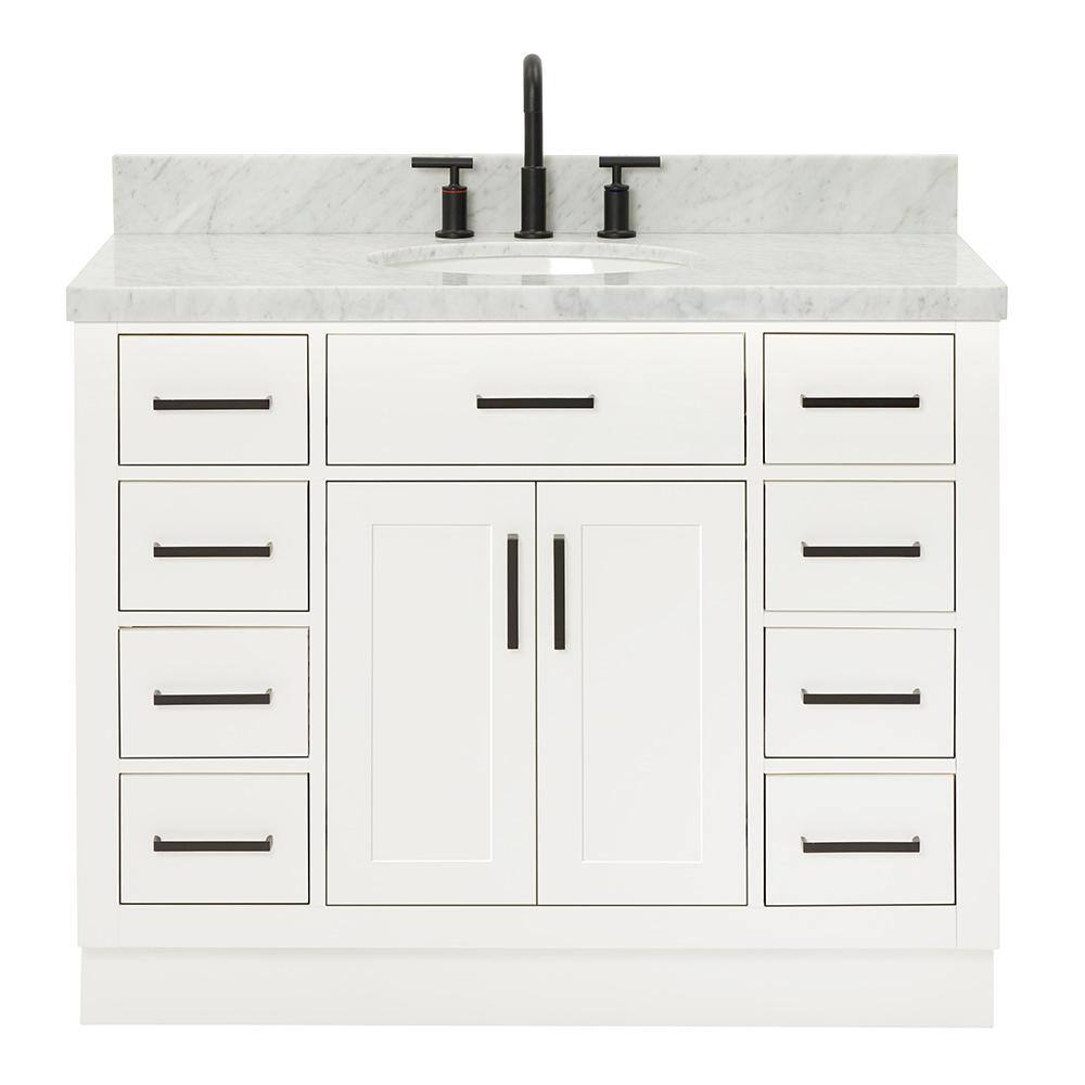 White Freestanding Vanity with Carrara Marble Top and Basin