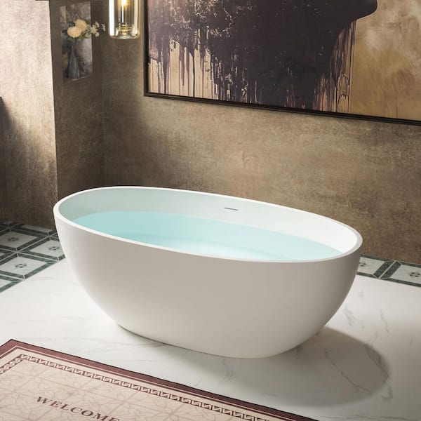 61 in. x 30.75 in. Solid Surface Stone Resin Soaking Bathtub with Center Drain in Matte White