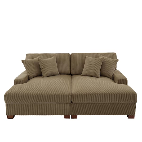 83 in. Square Arm Camel Corduroy Fabric Upholstered Sectional Sofa With Four Pillows And Wood Leg