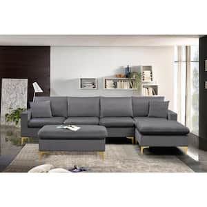 110.6 in. W Square Arm Velvet Elegant L-Shaped Sofa in Gray, with Ottoman and 2-Pillows