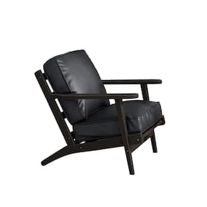 ATHMILE Black Mid-Century PU Leather Solid Wood Accent Chair with Removable Cushion (Set of 1)