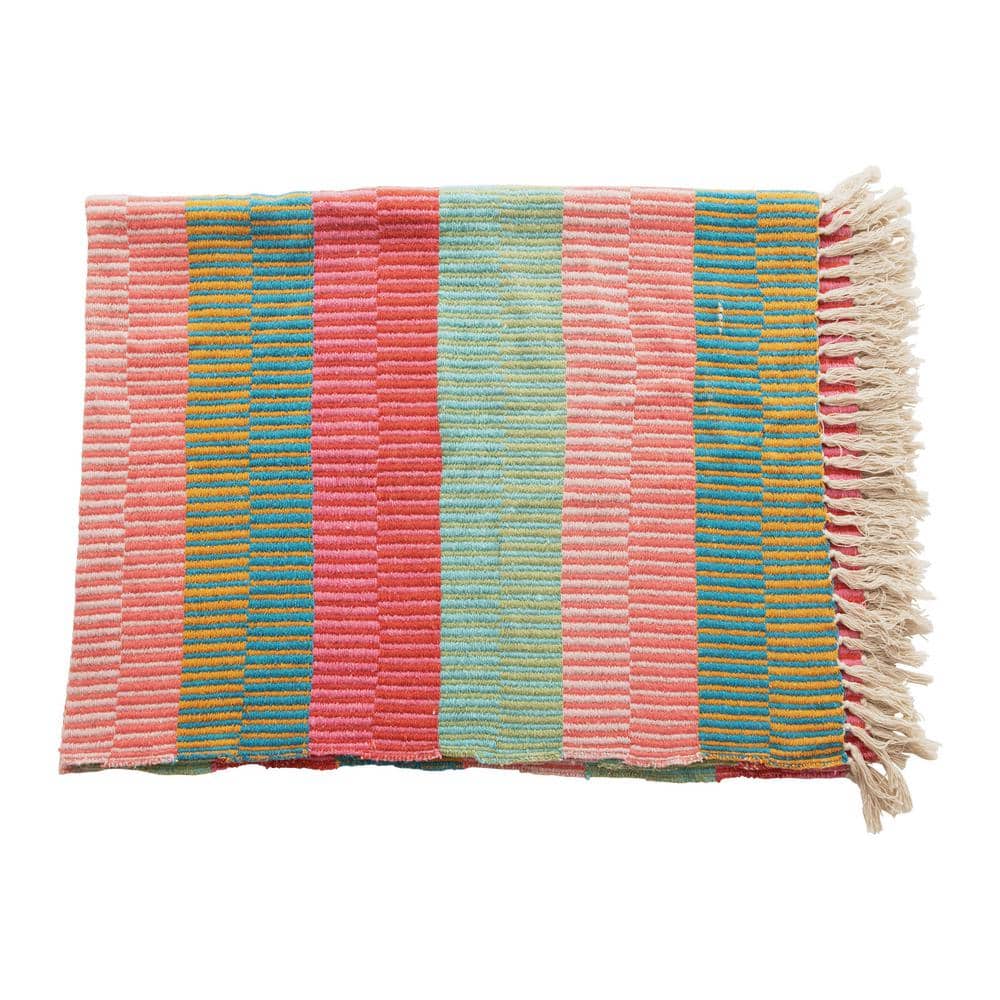 Multicolor Striped Recycled Cotton Blend Throw with Fringe