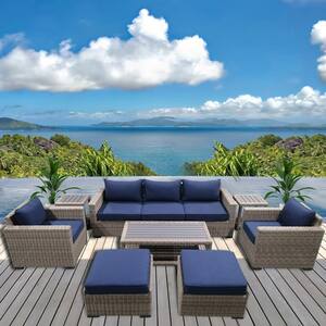 10-Piece Wicker Rattan Outdoor Sectional Set with Blue Cushions and Coffee Table