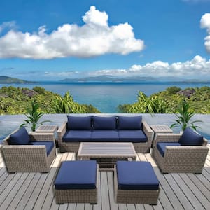 10-Piece Wicker Rattan Outdoor Sectional Set with Blue Cushions and Coffee Table