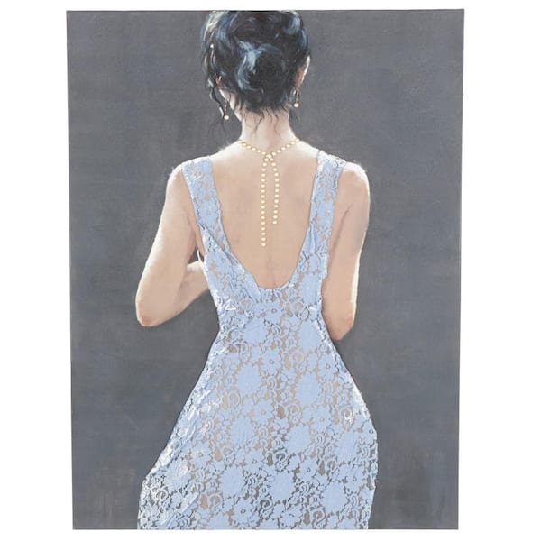 Litton Lane 1-Panel Woman Framed Wall Art with 3D Blue Fabric Dress and Gold Jewels 48 in. x 36 in.