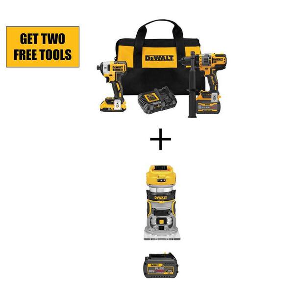 DEWALT 20V MAX Cordless Brushless Hammer Drill/Driver Combo Kit, 20V Compact Router, and (1) FLEXVOLT 6.0Ah Battery