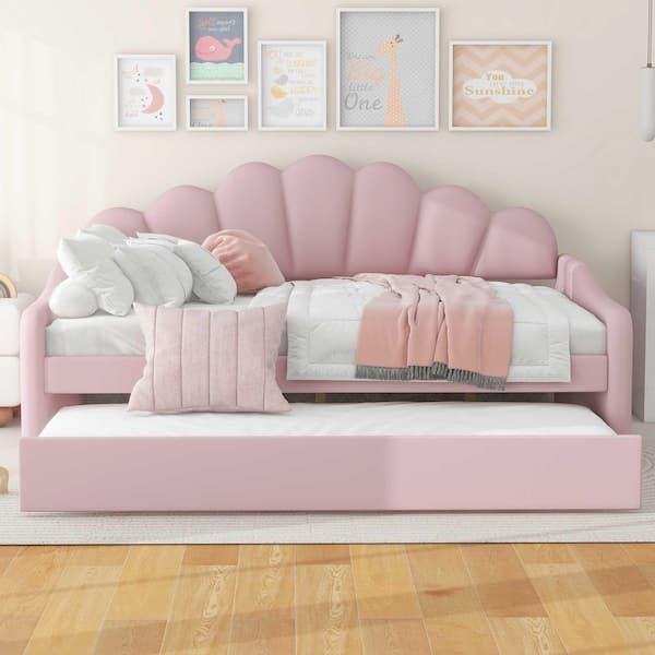 Lornic Modern Pink Velvet Upholstery Wood Frame Full Size Daybed with Shall Shaped Backrest and Trundle