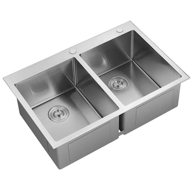 Stainless Steel 33 in. 50/50 Double Bowl Drop-in or Undermount Kitchen Sink with Thick Deck and Grids