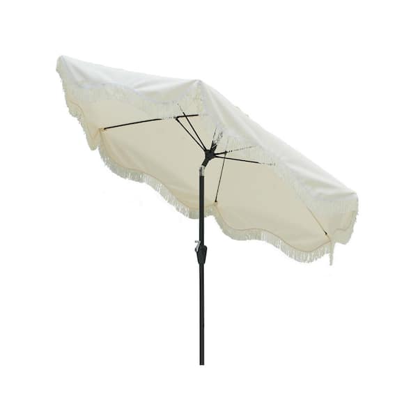 9 ft. Tassel Market Patio Umbrella with Full Fiberglass Rib in Cream