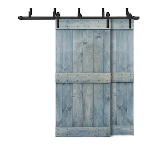 48 in. x 84 in. Mid-Bar Bypass Denim Blue Stained Solid Pine Wood Interior Double Sliding Barn Door with Hardware Kit