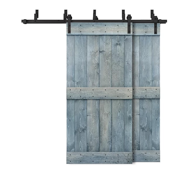 CALHOME 60 in. x 84 in. Mid-Bar Bypass Denim Blue Stained Solid Pine Wood Interior Double Sliding Barn Door with Hardware Kit