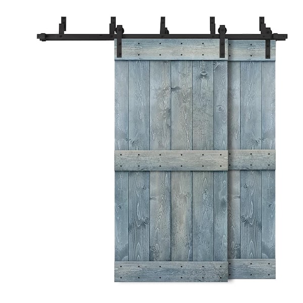 CALHOME 72 in. x 84 in. Mid-Bar Bypass Denim Blue Stained Solid Pine Wood Interior Double Sliding Barn Door with Hardware Kit