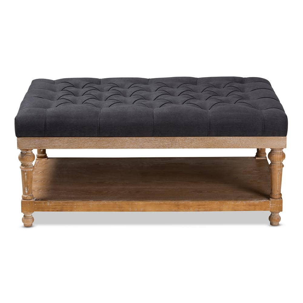 Charcoal Linen Fabric Tufted Cocktail Ottoman with Storage Shelf