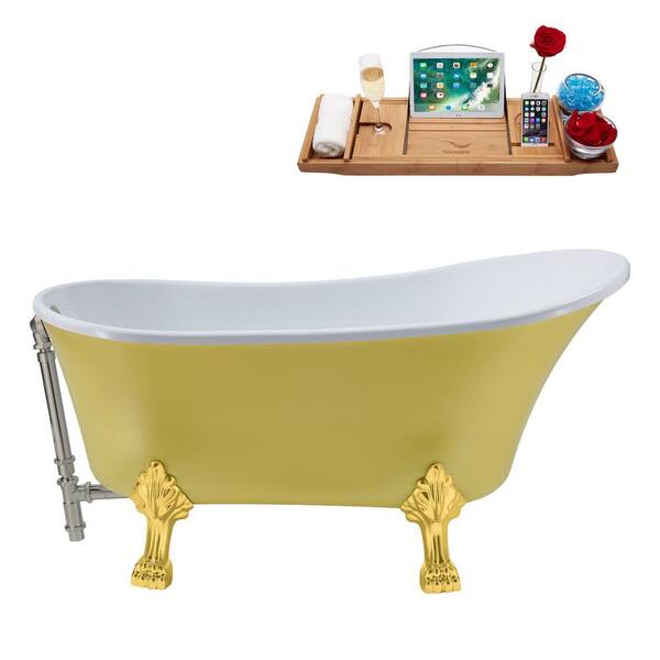 Streamline 55 in. Acrylic Clawfoot Non-Whirlpool Bathtub in Matte Yellow With Polished Gold Clawfeet And Polished Chrome Drain