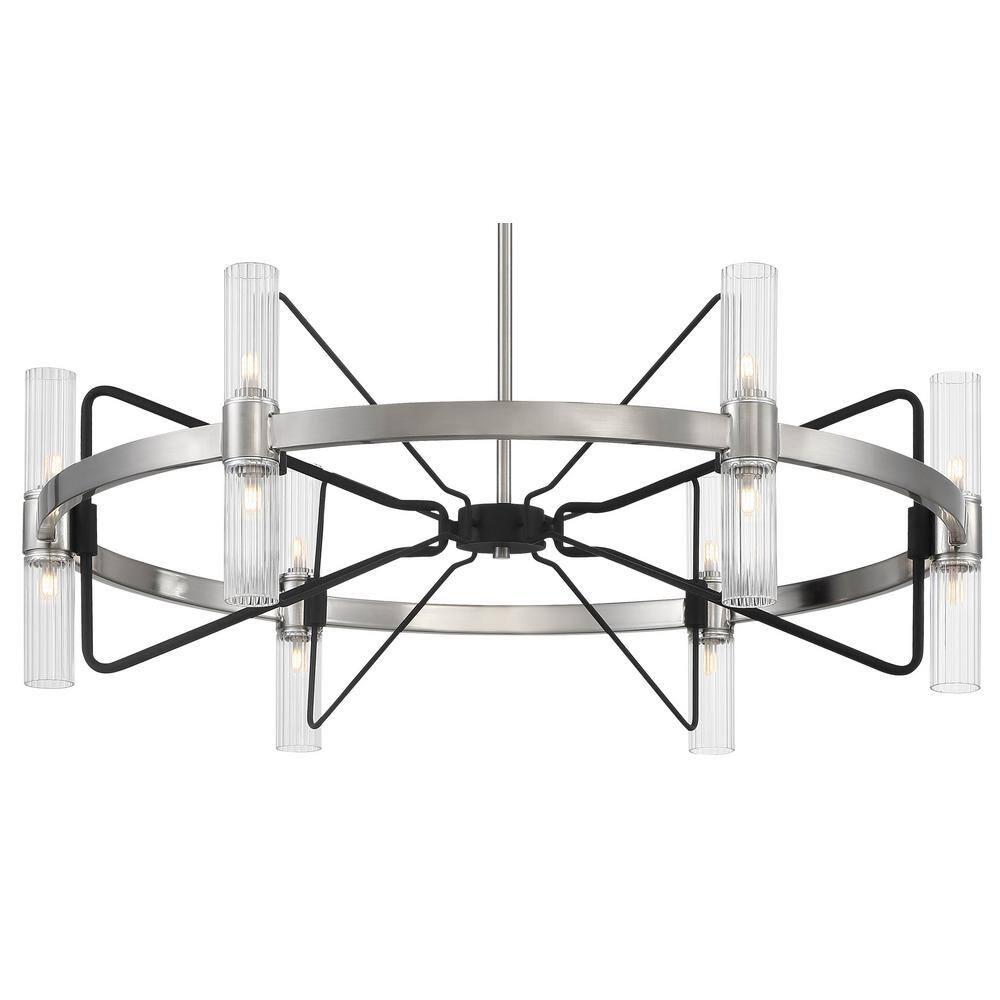 Brushed Nickel and Sand Coal 12-Light Chandelier with Clear Ribbed Glass Shades