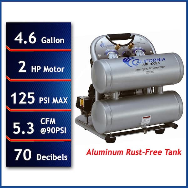 California Air Tools 4620AC Ultra Quiet and Oil-Free 2.0 Hp, 4.6 Gal. Aluminum Twin Tank Electric Portable Air Compress