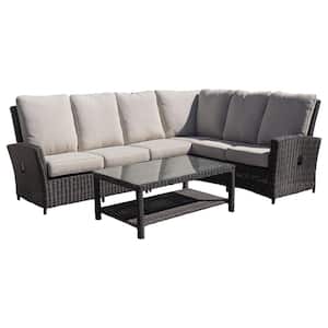 Cheshire 5-Piece Aluminum Recline Sectional Set with Extra Armless Middle and Coffee Table with Cream Cushions