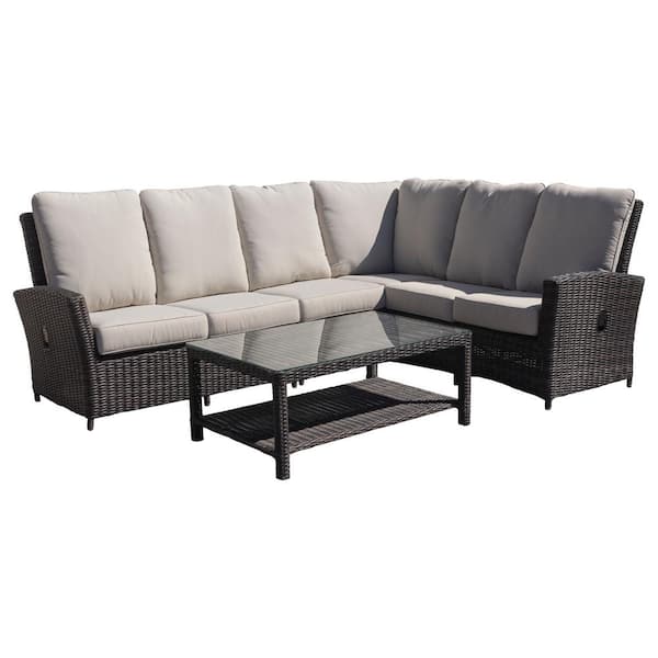 Courtyard Casual Cheshire 5-Piece Aluminum Recline Sectional Set with Extra Armless Middle and Coffee Table with Cream Cushions