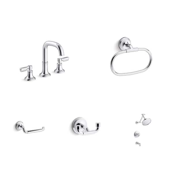 Paces Chrome Bathroom Faucet, Towel Ring, Toilet Paper Holder, Robe Hook and Shower Faucet Combo